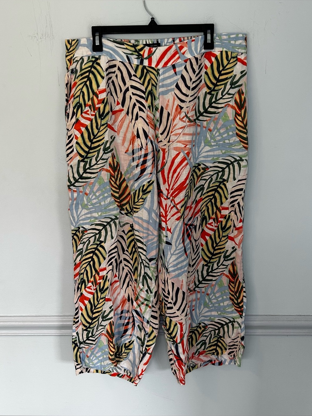 Tahari Tropical Palm Print Crop Wide Leg 100% Linen Pants Size 1X
